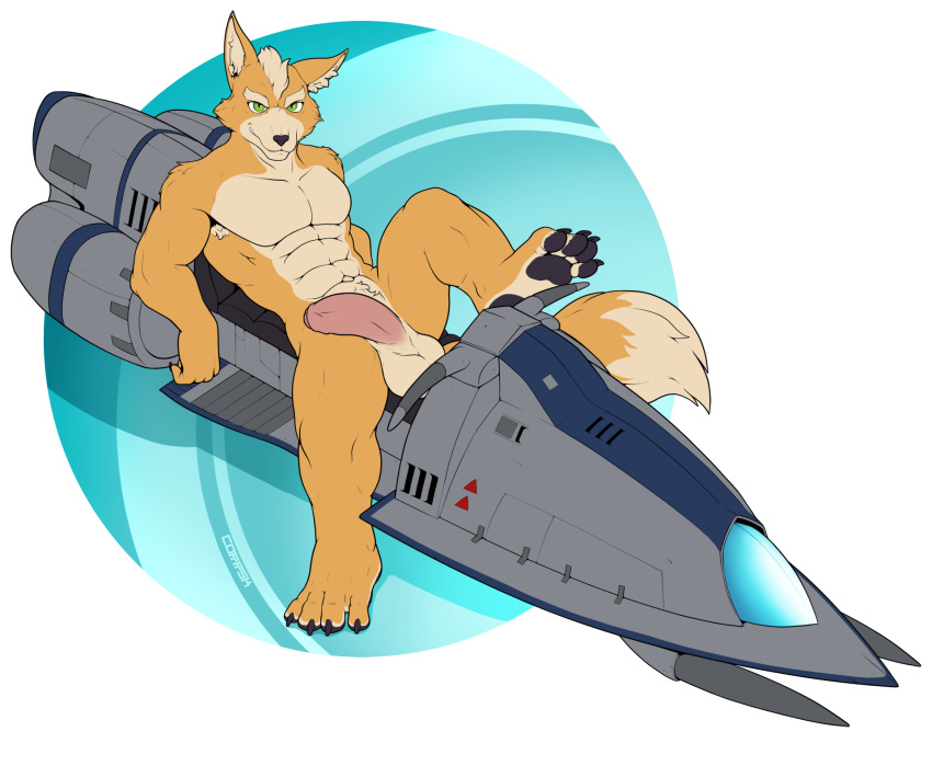 abs anthro armpit_hair balls biceps big_balls big_penis body_hair canid canine claws corrsk digital_media_(artwork) feet fox fox_mccloud fur genitals hi_res hoverbike humanoid_genitalia humanoid_penis looking_at_viewer male mammal muscular muscular_anthro muscular_male nintendo nude pawpads paws pecs penis pubes simple_background solo star_fox tail toes