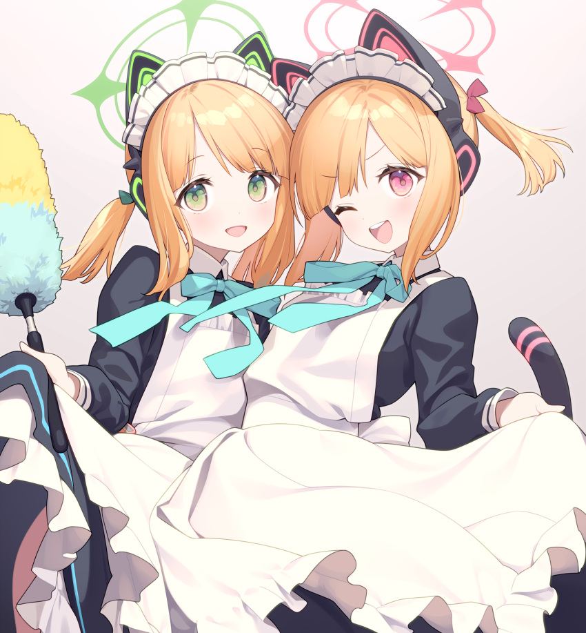 2girls animal_ear_headphones animal_ears apron black_dress blonde_hair blue_archive blush dress duster fake_animal_ears frilled_apron frills gayarou green_eyes grey_background headphones highres long_sleeves looking_at_viewer maid maid_apron maid_headdress midori_(blue_archive) midori_(maid)_(blue_archive) momoi_(blue_archive) momoi_(maid)_(blue_archive) multiple_girls official_alternate_costume one_eye_closed open_mouth pink_eyes short_hair siblings simple_background sisters smile teeth upper_teeth_only white_apron white_background