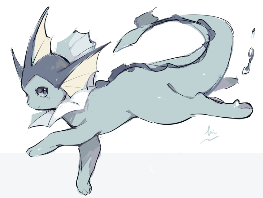 animal_focus blue_eyes bubble commentary_request fins head_fins hideko_(l33l3b) highres no_humans pokemon pokemon_(creature) signature simple_background smile solo swimming vaporeon white_background