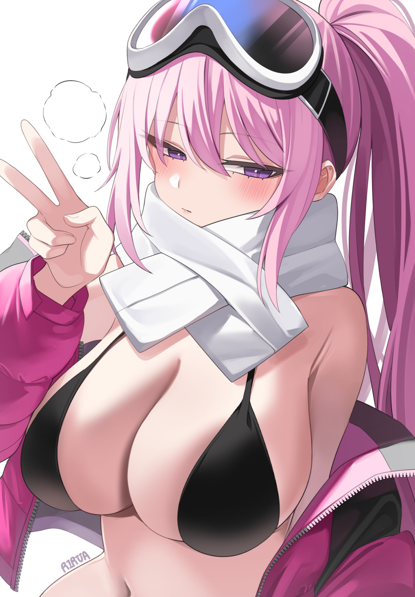 1girl absurdres bikini black_bikini blue_archive blush breasts cleavage closed_mouth eimi_(blue_archive) eimi_(swimsuit)_(blue_archive) goggles goggles_on_head hair_between_eyes highres jacket large_breasts lira long_hair long_sleeves navel open_clothes open_jacket pink_eyes pink_hair pink_jacket scarf signature simple_background solo swimsuit upper_body v very_long_hair white_background white_scarf