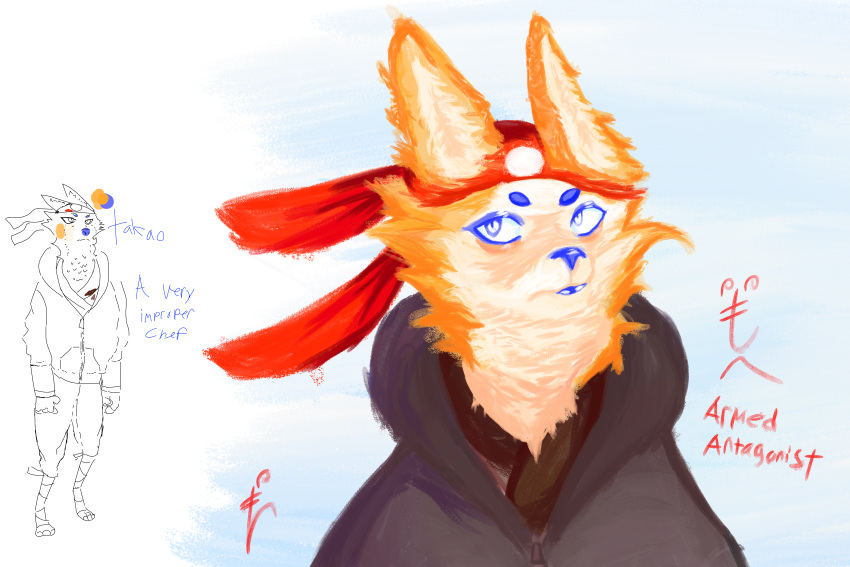 absurd_res anthro armedantagonist asian_clothing bandanna blue_lips canid canine canis clothing domestic_dog east_asian_clothing fur hi_res hoodie japanese_clothing kerchief kimono lips male mammal orange_body orange_fur painting_(artwork) takao_(armedantagonist) topwear traditional_media_(artwork)