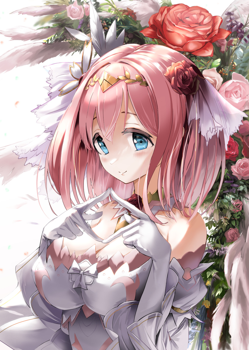 asalilysuke blue_eyes breasts cleavage feather_hair_ornament feathers flower gloves hair_flower hair_ornament highres large_breasts light_smile own_fingers_together pink_flower pink_hair pink_rose princess_connect! red_flower red_rose rose white_gloves yui_(princess)_(princess_connect!) yui_(princess_connect!)