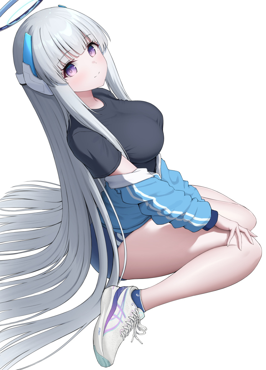 1girl absurdres black_shirt blue_archive blue_buruma blue_jacket blue_socks blush breasts buruma closed_mouth grey_hair halo highres jacket large_breasts long_hair long_sleeves looking_at_viewer mechanical_halo noa_(blue_archive) purple_eyes shirt shoes simple_background smile socks solo topgear white_background white_footwear