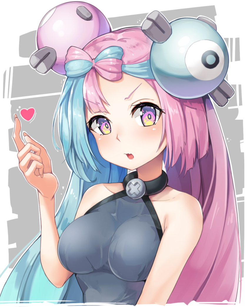 1girl blush bow-shaped_hair breasts character_hair_ornament collarbone commentary_request green_hair grey_shirt hair_ornament hand_up heart highres iono_(pokemon) long_hair looking_at_viewer multicolored_hair open_mouth pink_hair pokemon pokemon_sv purple_eyes shirt sleeveless sleeveless_shirt solo tongue two-tone_hair upper_body uraraa6