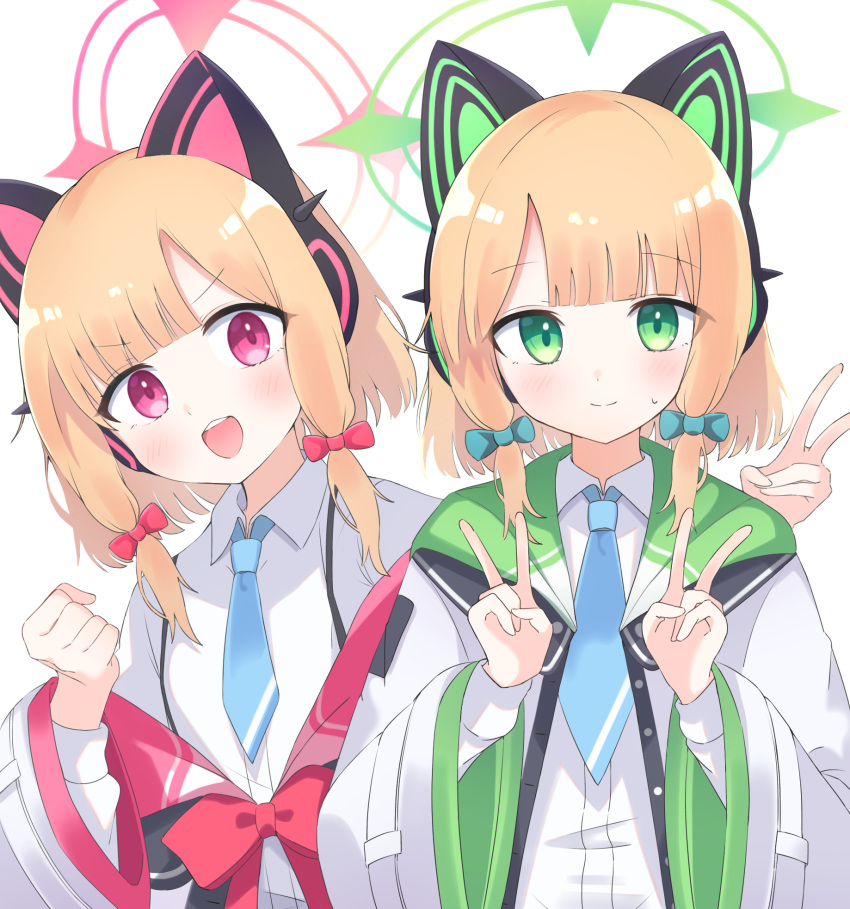 2girls animal_ear_headphones animal_ears blonde_hair blue_archive blue_necktie blush bow closed_mouth collared_shirt double_v fake_animal_ears green_bow green_eyes green_halo hair_bow halo headphones highres jacket midori_(blue_archive) momoi_(blue_archive) multiple_girls necktie open_clothes open_jacket open_mouth pink_halo preste red_eyes shirt short_hair siblings simple_background sisters smile two-sided_fabric two-sided_jacket v white_background white_jacket white_shirt