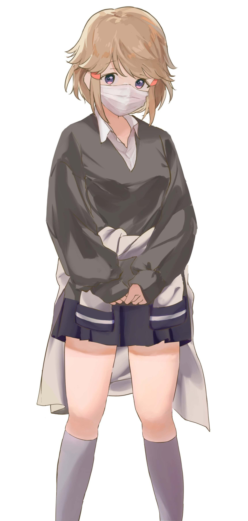 1girl absurdres black_skirt breasts clothes_around_waist collared_shirt feet_out_of_frame grey_shirt grey_socks highres jacket jacket_around_waist kneehighs kobato_ryouko light_brown_hair long_sleeves looking_at_viewer mask medium_breasts midori_usagi miniskirt mouth_mask own_hands_together pleated_skirt purple_eyes school_uniform shirt short_hair shoujo_kageki_revue_starlight shoujo_kageki_revue_starlight_-re_live- simple_background skirt sleeves_past_wrists socks solo standing surgical_mask v_arms white_background white_jacket white_shirt