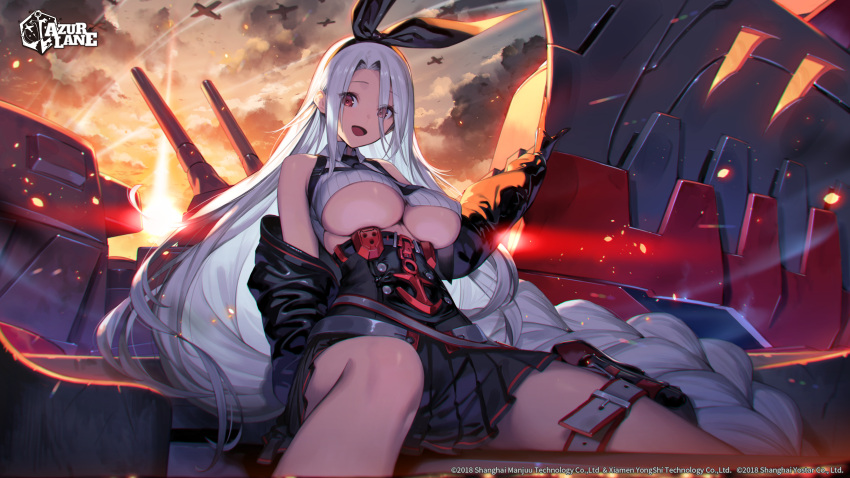 1girl :d absurdres ainezu aircraft airplane azur_lane bare_shoulders braid breasts cloud cloudy_sky commentary_request company_name copyright_name gloves hairband highres jacket large_breasts logo long_hair long_sleeves looking_at_viewer necktie off_shoulder official_art open_clothes open_jacket open_mouth orange_sky outdoors parted_bangs pleated_skirt prinz_heinrich_(azur_lane) rigging shiny_skin sidelocks single_braid sitting skirt sky smile solo sunset thigh_strap turret underboob very_long_hair white_hair