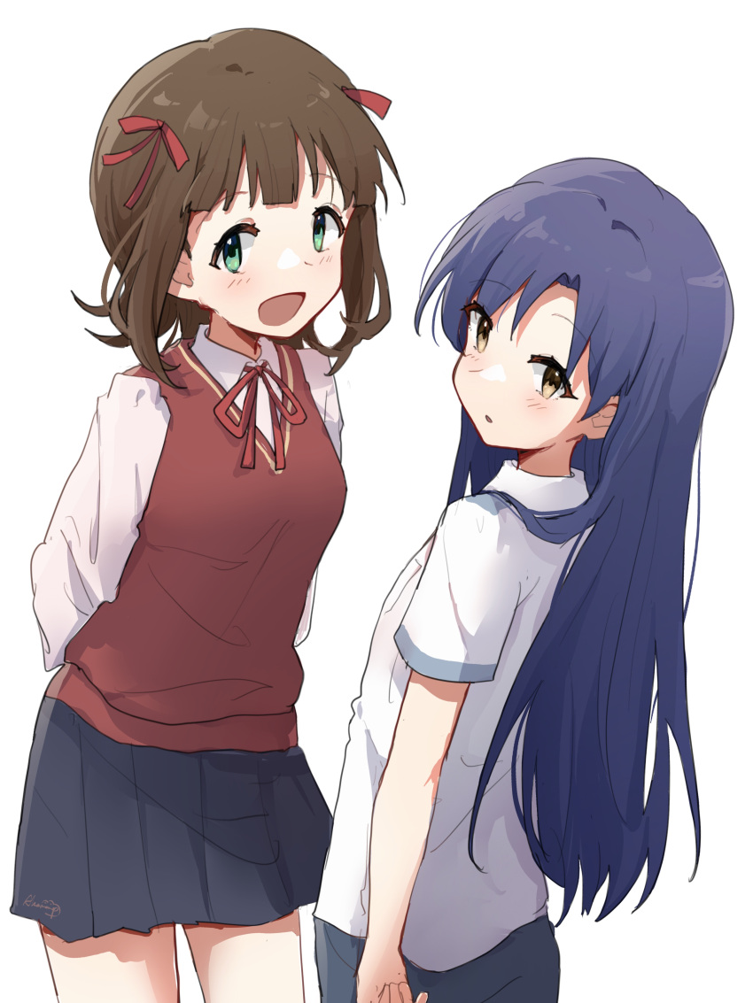 2girls absurdres amami_haruka arms_behind_back blue_hair blue_skirt blush bow breasts brown_eyes brown_hair flat_chest green_eyes grey_pants hair_bow hair_ribbon highres idolmaster idolmaster_(classic) idolmaster_million_live! idolmaster_million_live!_theater_days kisaragi_chihaya long_hair long_sleeves looking_at_viewer looking_back medium_breasts multiple_girls neck_ribbon nnnn open_mouth pants pink_shirt pleated_skirt red_ribbon red_sweater_vest ribbon shirt short_hair short_sleeves simple_background skirt smile sweater_vest white_background white_shirt