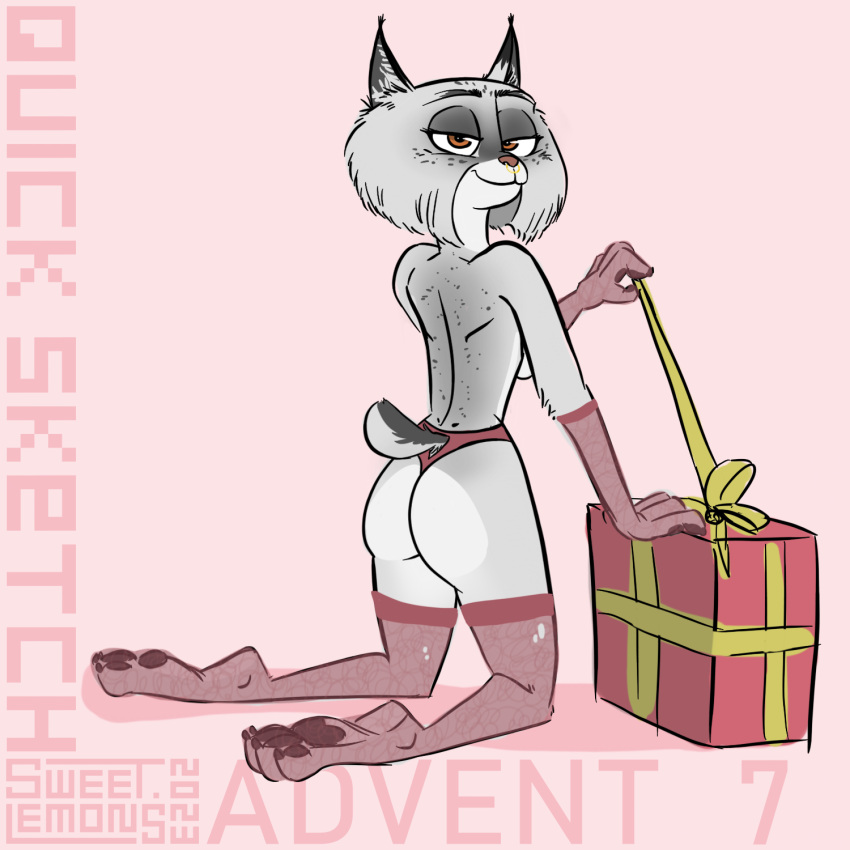 2023 4_toes accessory anthro armwear barely_visible_breasts bedroom_eyes black_body black_fur black_pawpads bow_ribbon breasts butt canadian_lynx cheek_tuft christmas claws clothed clothing dark_pawpads detailed_eyes digital_drawing_(artwork) digital_media_(artwork) digital_painting_(artwork) eyebrows eyelashes facial_tuft feet felid feline female festive fluffy fluffy_ears fluffy_tail fur fur_markings gift gift_box gift_wrapped grey_body grey_fur half-closed_eyes hi_res holding_object holidays illumination_entertainment inner_ear_fluff kneeling legwear light_body light_fur lingerie lingerie_panties looking_at_viewer looking_back lynx mammal markings mostly_nude multicolored_body multicolored_fur narrowed_eyes nooshy_(sing) orange_eyes panties panties_only partially_clothed pawpads paws pink_background pink_nose pinup pose prick_ears rear_view red_clothing red_underwear seductive sexy_eyes shaded short_tail side_boob signature simple_background simple_coloring simple_shading sing_(movie) smile snout soles solo solo_focus spots spotted_body spotted_fur spotted_markings spread_legs spreading stockings sweet.lemons tail teasing thick_thighs thigh_highs toes topless translucent translucent_clothing tuft two_tone_body two_tone_fur two_tone_tail underwear underwear_only white_body white_fur