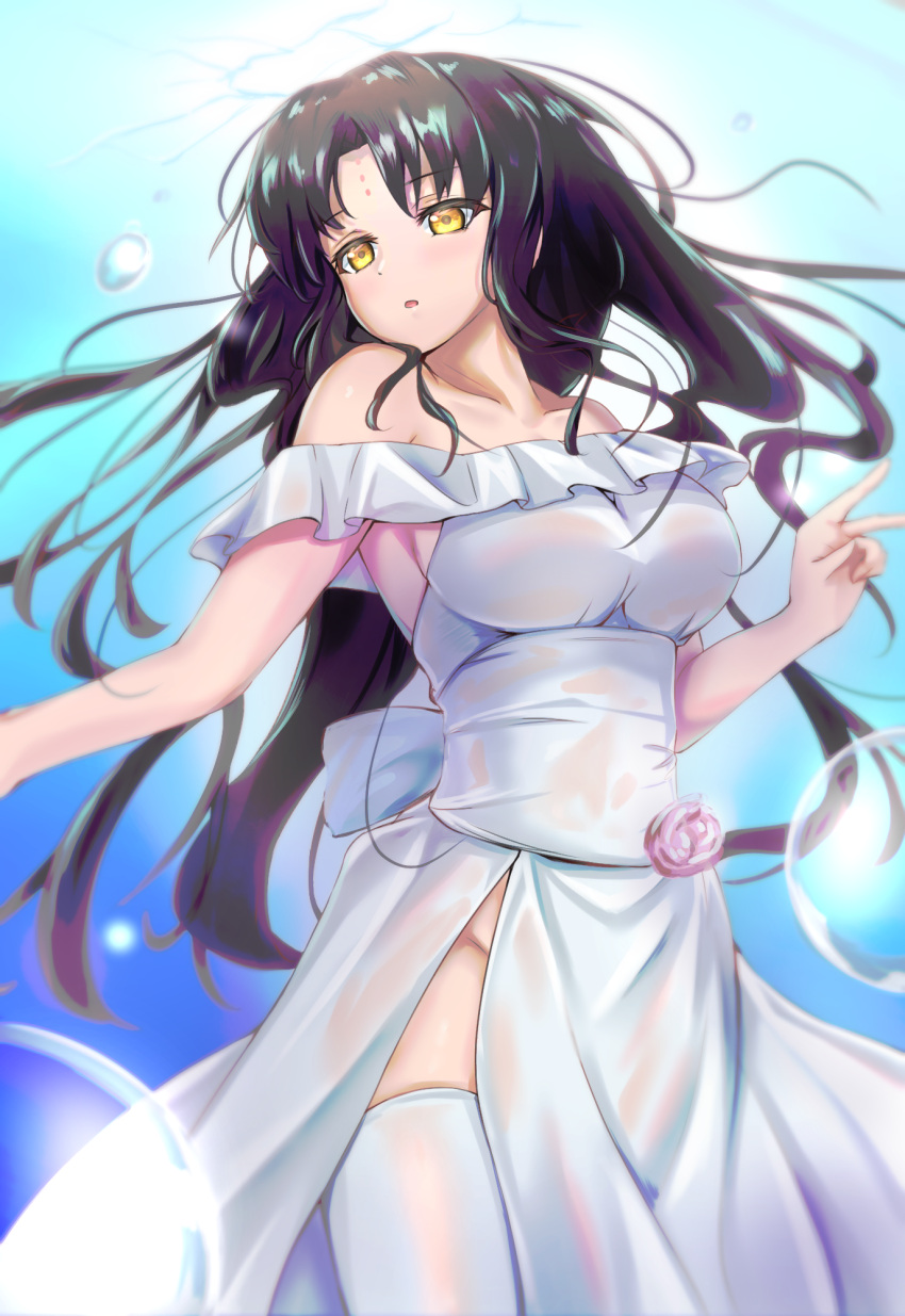 1girl air_bubble bare_shoulders black_hair breasts bubble commentary cowboy_shot dress facial_mark fate/extra fate/extra_ccc fate/grand_order fate_(series) flower forehead_mark frilled_dress frills highres large_breasts long_hair looking_afar off-shoulder_dress off_shoulder parted_bangs parted_lips pink_flower sessyoin_kiara side_slit solo thighhighs underwater white_dress white_thighhighs yahan_(mctr5253) yellow_eyes