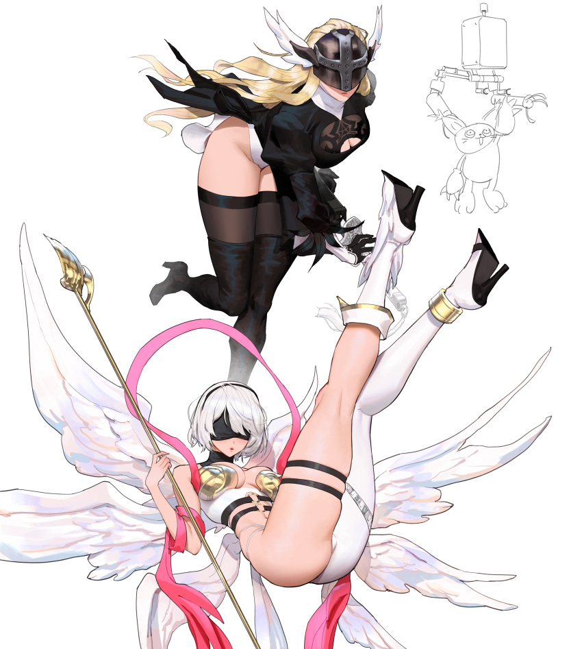 2b_(nier:automata) 2girls absurdres angel_wings angewomon ass asymmetrical_clothes bare_shoulders black_blindfold blindfold blonde_hair breasts cleavage cosplay costume_switch covered_eyes crossover digimon digimon_(creature) digimon_adventure elbow_gloves feathered_wings gloves hairband head_wings helmet highres large_breasts long_hair long_sleeves mole mole_under_mouth multiple_girls multiple_wings nier:automata nier_(series) pod_(nier:automata) puffy_sleeves short_hair tailmon thick_thighs thigh_strap thighhighs thighs white_hair winged_helmet wings wonbin_lee