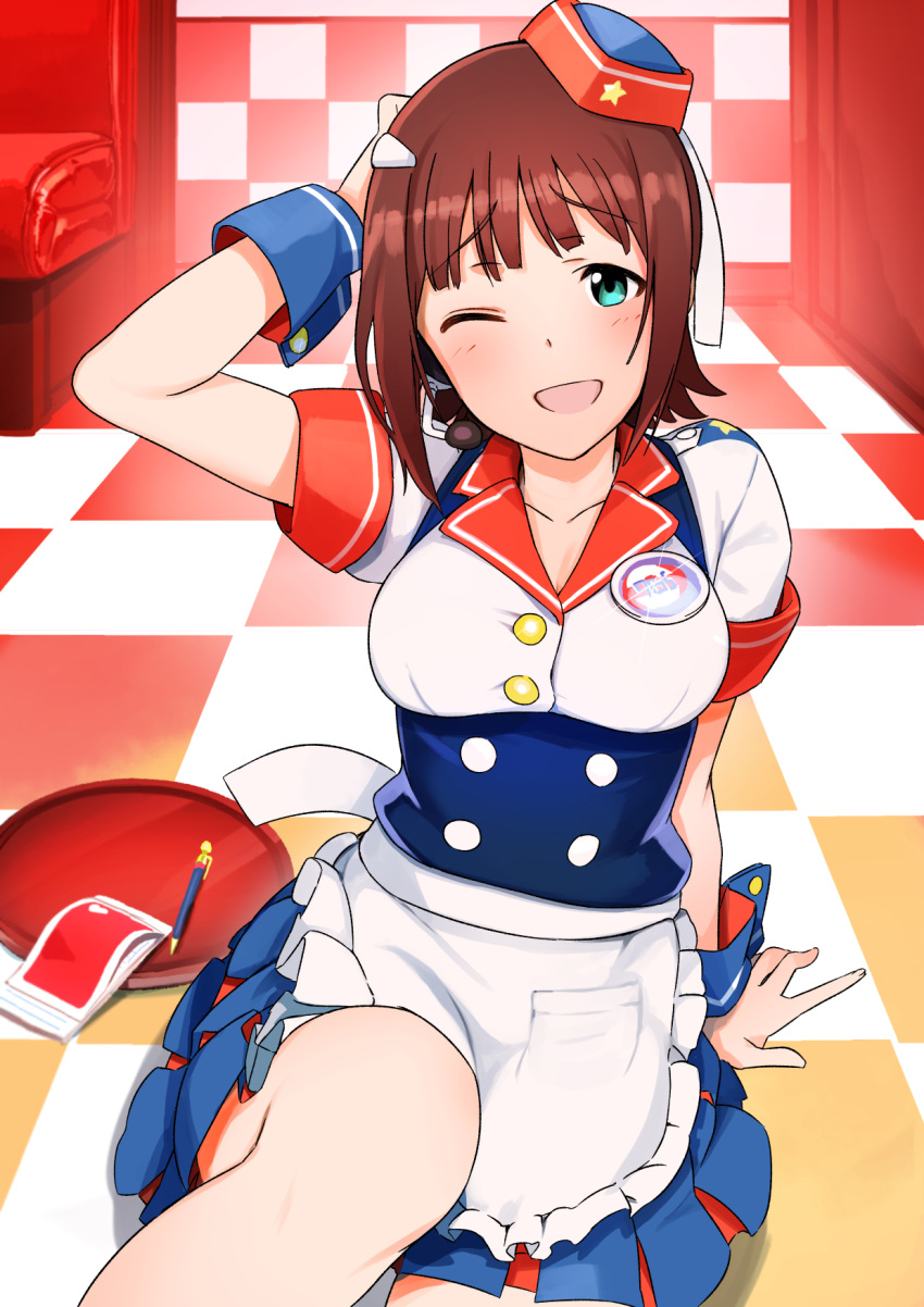 1girl amami_haruka apron arm_support arm_up blue_corset blue_skirt blue_wrist_cuffs blush bow breasts brown_hair burger_skater_(idolmaster) chair checkered_floor cleavage collarbone corset dot_nose frilled_apron frills green_eyes hair_bow hair_ribbon hat highres idolmaster idolmaster_(classic) idolmaster_million_live! idolmaster_million_live!_theater_days indoors knee_up looking_at_viewer medium_breasts momo_no_suidou-sui notebook one_eye_closed open_mouth pen pleated_skirt ribbon shirt short_hair short_sleeves sitting skirt smile solo tray two-tone_headwear underbust waist_apron white_apron white_ribbon white_shirt