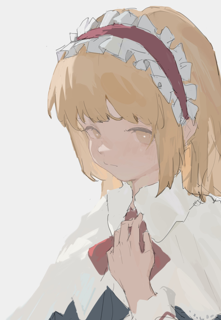 1girl absurdres alice_margatroid ascot blonde_hair blue_dress capelet collared_capelet dress frilled_hairband frills frown hairband hand_on_own_chest highres light_frown red_ascot red_hairband reisende1969 short_hair simple_background touhou upper_body white_capelet yellow_eyes