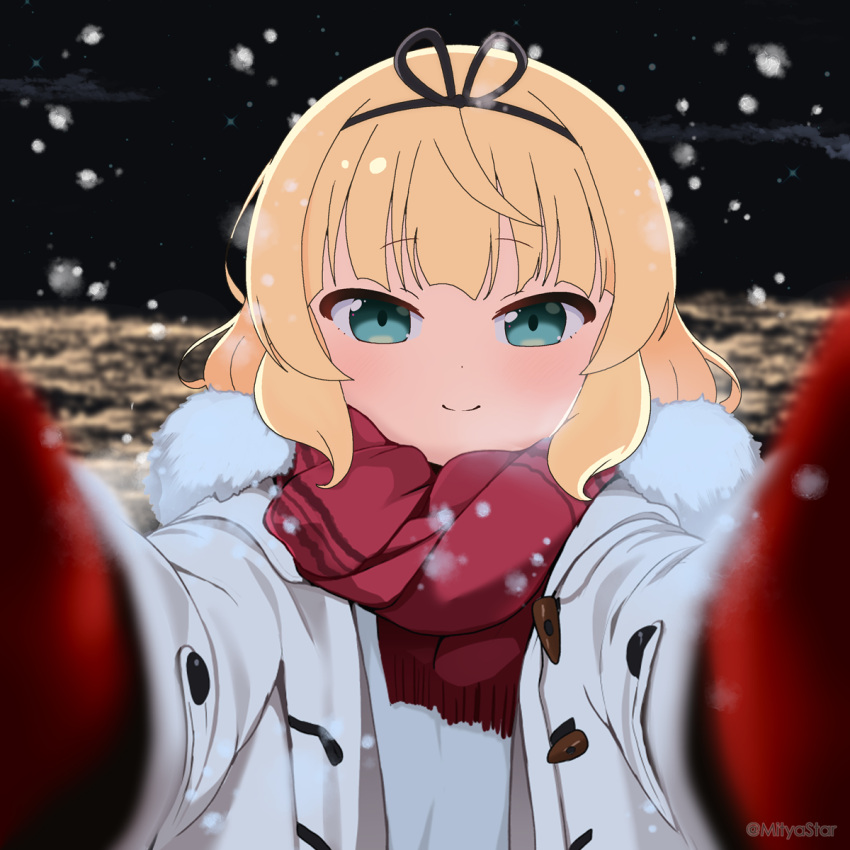 1girl blonde_hair blue_eyes closed_mouth coat commentary_request fringe_trim fur-trimmed_coat fur_trim gochuumon_wa_usagi_desu_ka? highres kirima_syaro looking_at_viewer meme mittens mitya open_clothes open_coat pov_cheek_warming_(meme) reaching reaching_towards_viewer red_mittens red_scarf scarf smile snowing solo upper_body white_coat