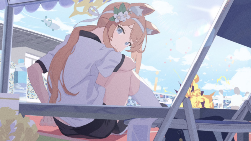 1girl adjusting_clothes adjusting_shorts aircraft airship animal_ear_fluff animal_ears arm_on_knee black_footwear blue_archive blurry bottle chikoku depth_of_field explosion flower fox_ears gym_shirt gym_uniform hair_flower hair_ornament halo headband highres knees_up light_smile looking_at_viewer looking_back mari_(blue_archive) mari_(track)_(blue_archive) official_alternate_costume orange_hair people ponytail shirt short_sleeves shorts sitting socks solo_focus stadium water_bottle white_headband white_socks