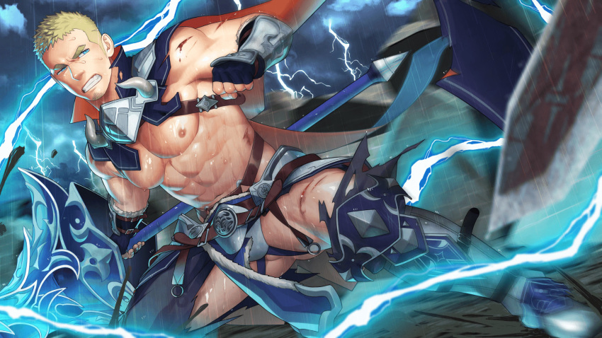 1boy abs armored_boots bad_source bara black_gloves blonde_hair blue_eyes boots clenched_teeth delafere_(gyee) fingerless_gloves gloves gyee highres holding holding_weapon itto_(mentaiko) large_pectorals male_focus muscular muscular_male navel night night_sky nipples official_art outdoors pants pectorals short_hair sky solo teeth thunder torn_clothes torn_pants weapon