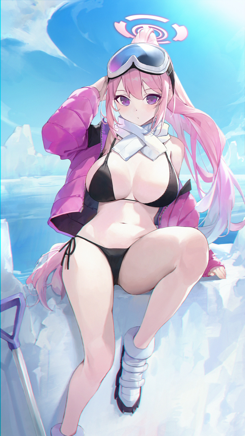 1girl absurdres bikini black_bikini blue_archive boots breasts coat eimi_(blue_archive) eimi_(swimsuit)_(blue_archive) enokinoko1010 full_body goggles goggles_on_head halo highres jacket large_breasts long_hair navel official_alternate_costume open_clothes open_coat open_jacket pink_eyes pink_hair pink_halo pink_jacket ponytail scarf simple_background solo swimsuit very_long_hair white_background white_footwear white_scarf