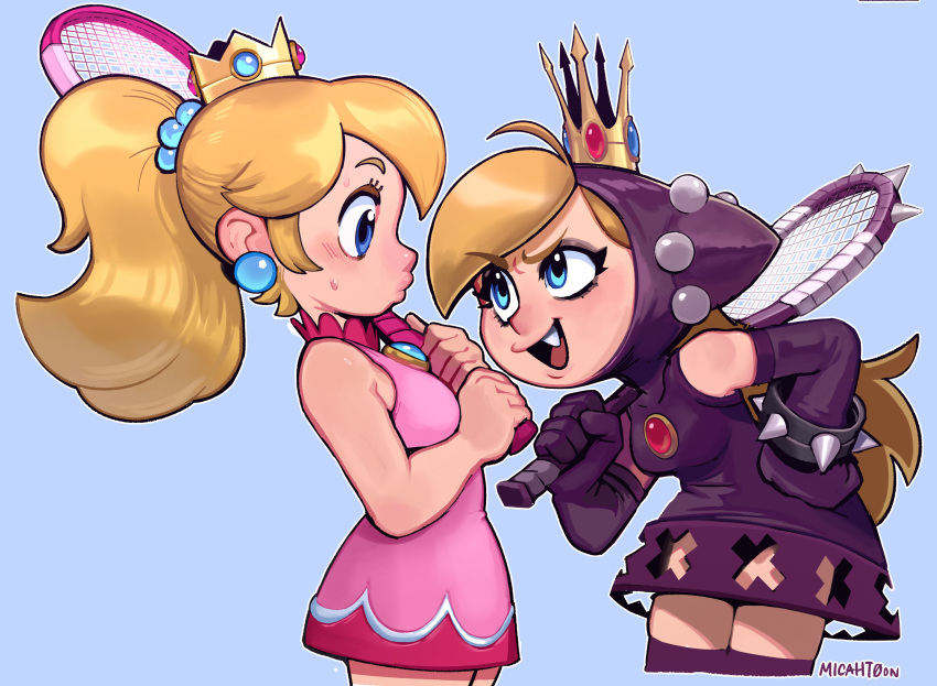 2girls absurdres angry artist_name bare_shoulders black_dress black_gloves blonde_hair blue_background blue_eyes bracelet breasts brooch crown dress earrings elbow_gloves fang gloves hand_on_own_hip highres holding_tennis_racket hooded_dress jewelry latex looking_at_another mario_(series) mario_power_tennis mario_tennis medium_breasts micahtoons multiple_girls nervous official_alternate_costume official_alternate_hairstyle open_mouth pink_dress ponytail princess_peach racket short_dress simple_background sleeveless sleeveless_dress smile sphere_earrings spiked_bracelet spikes sportswear sweatdrop tennis_dress tennis_racket tennis_uniform warupeach