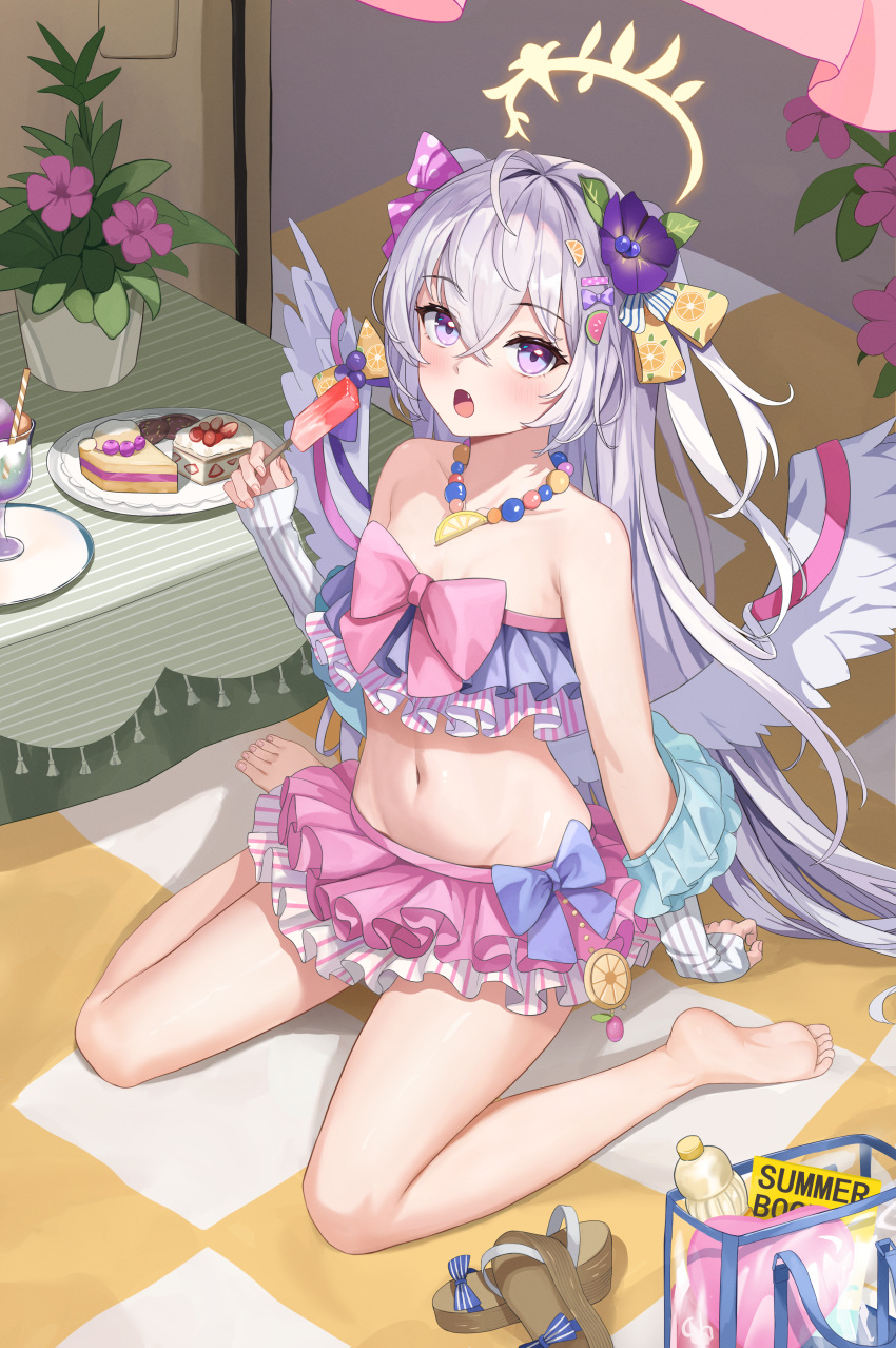 1girl absurdres angel_wings azusa_(blue_archive) azusa_(swimsuit)_(blue_archive) bead_necklace beads bikini bikini_skirt blue_archive blush bow_on_wing breasts cherng feathered_wings flower food food-themed_hair_ornament frilled_bikini frills hair_ornament halo highres holding holding_food holding_popsicle jewelry long_hair looking_at_viewer make-up_work_club_(blue_archive) multicolored_bikini multicolored_clothes navel necklace open_mouth orange_hair_ornament orange_print popsicle purple_eyes purple_flower ribbon-trimmed_swimsuit ribbon_trim sitting small_breasts solo stomach strapless strapless_bikini swimsuit wariza watermelon_hair_ornament white_hair white_wings wings yellow_halo
