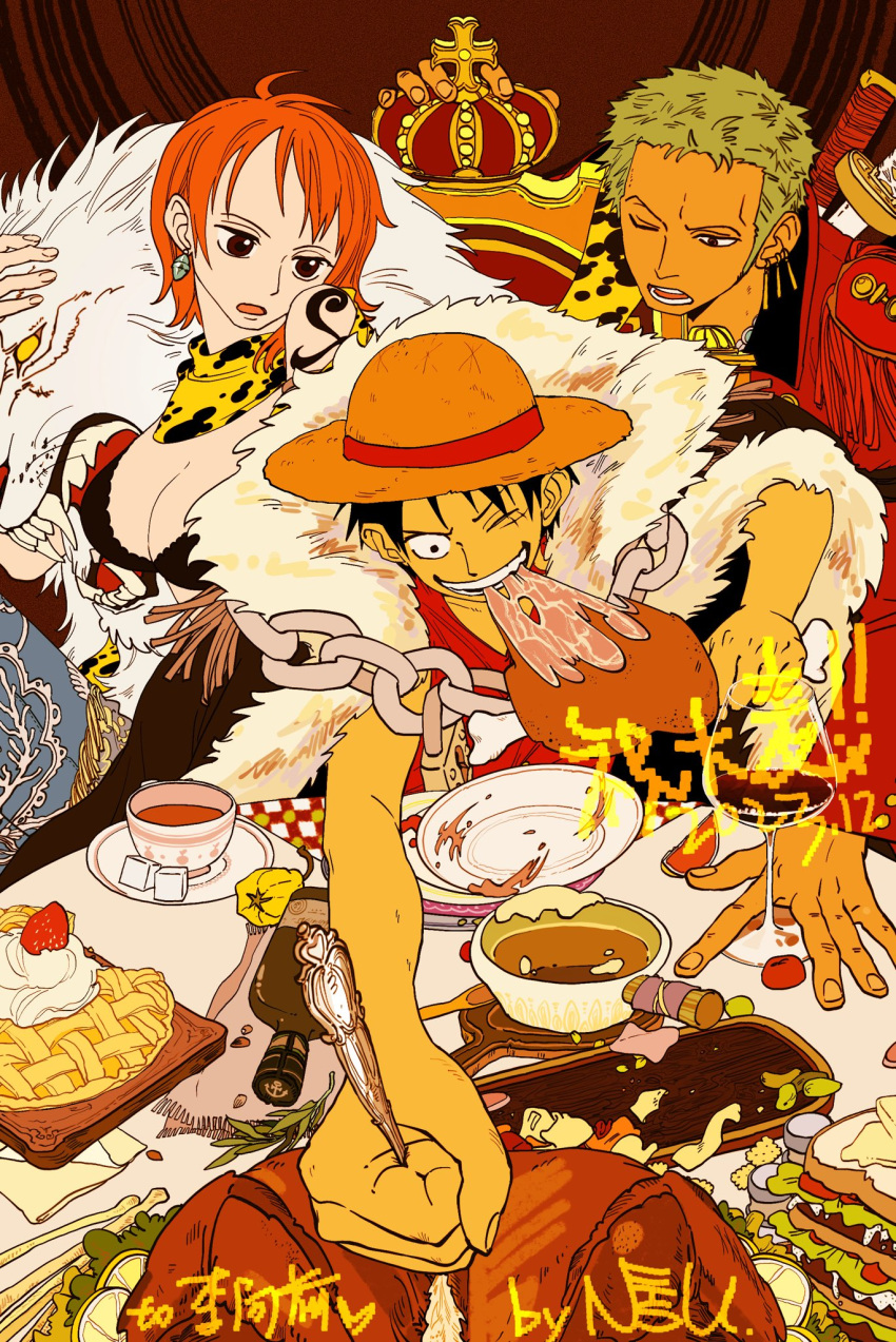 1girl 2boys black_coat black_hair boned_meat bottle breasts chain cleavage coat crown cup earrings eating epaulettes food fork fur_trim green_hair hat highres holding holding_food jewelry lion meat monkey_d._luffy multiple_boys nami_(one_piece) ntsongrandline one_eye_closed one_piece open_mouth plate reaching red_hair roronoa_zoro sandwich scar scar_on_face short_hair shoulder_tattoo single_epaulette smile straw_hat sugar_cube sword table tattoo teacup teeth weapon