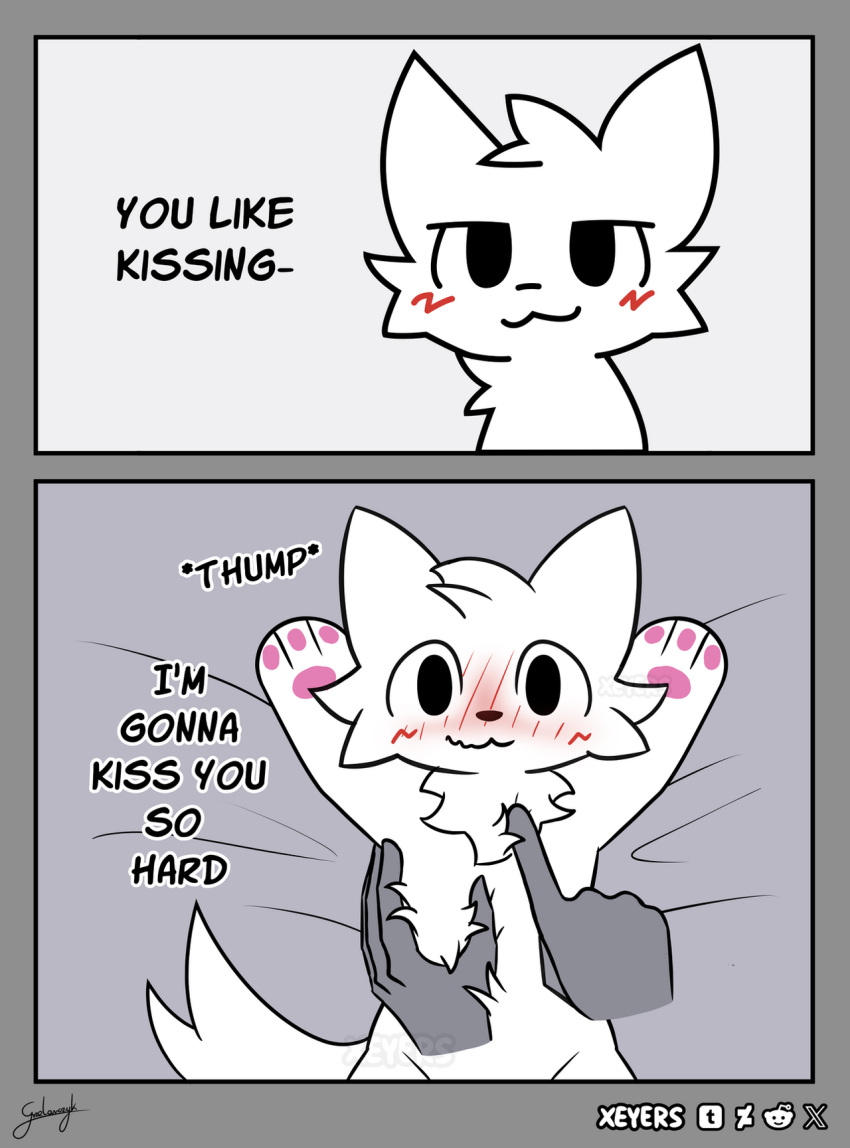 2023 anthro blush boy_kisser_(meme) cheek_tuft digital_media_(artwork) disembodied_hand domestic_cat duo english_text facial_tuft felid feline felis fur hi_res mammal pawpads pink_pawpads signature silly_cat_(mauzymice) solo_focus text tuft two_panel_image white_body white_fur xeyers