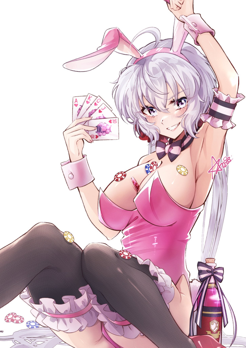 1girl alternate_costume anxflower arm_scrunchie arm_up bottle bow bowtie breasts card cleavage grey_hair grin highres holding holding_card large_breasts leotard long_hair pink_leotard playboy_bunny poker_chip purple_eyes senki_zesshou_symphogear sitting smile solo thigh_scrunchie thighhighs very_long_hair wine_bottle wrist_cuffs yukine_chris