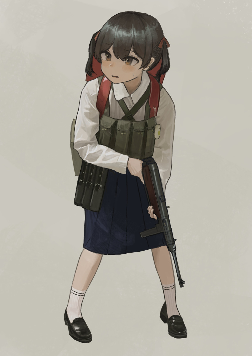 1girl absurdres ammunition_pouch backpack bag black_footwear black_hair blue_skirt chest_rig dog_tags garoppui gun hair_ribbon highres loafers looking_to_the_side mp40 open_mouth original pleated_skirt pouch randoseru ribbon school_uniform shirt shoes short_twintails simple_background skirt socks striped striped_socks submachine_gun sweatdrop twintails weapon white_shirt white_socks