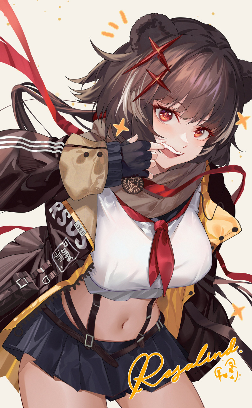 1girl absurdres animal_ears arknights bear_ears breasts brown_eyes brown_hair character_request crop_top finger_in_own_mouth fingerless_gloves gloves highres hongbaise_raw jacket large_breasts long_sleeves medium_hair midriff miniskirt navel open_clothes open_jacket pleated_skirt skirt solo suspender_skirt suspenders
