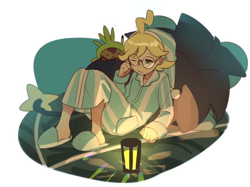 1boy ahoge blonde_hair chespin clemont_(pokemon) closed_mouth collared_shirt commentary_request glasses hand_up highres lantern long_sleeves luxray male_focus medium_hair one_eye_closed pants pokemon pokemon_(creature) pokemon_xy round_eyewear shirt slippers suikaels