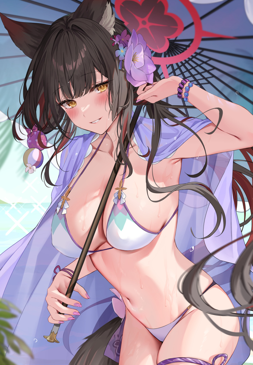 1girl animal_ears bare_shoulders bead_bracelet beads bikini black_hair blue_archive blush bracelet breasts cleavage collarbone colored_inner_hair eyeliner flower fox_ears fox_girl fox_tail grin hair_flower hair_ornament halo highres hizuki_higure jewelry large_breasts long_hair looking_at_viewer low_twintails makeup multicolored_hair oil-paper_umbrella red_hair smile solo swimsuit tail thighs twintails umbrella wakamo_(blue_archive) wakamo_(swimsuit)_(blue_archive) wet white_bikini yellow_eyes