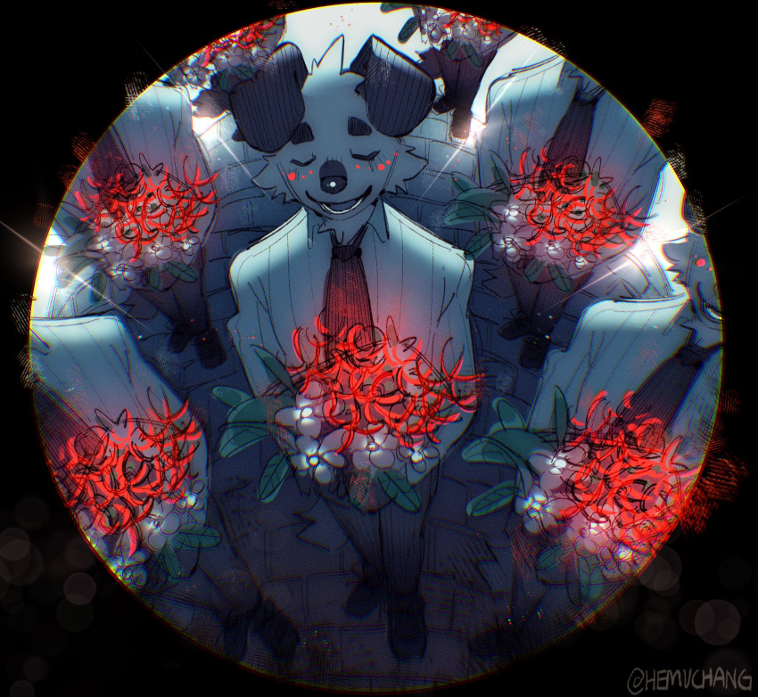 anthro black_ears brick_floor canid canine canis clothed clothing domestic_dog eyes_closed floppy_ears flower fully_clothed funeral fur group hemuchang hi_res holding_flower holding_object male mammal necktie plant red_spider_lily smile topwear vent_art vest white_body white_fur