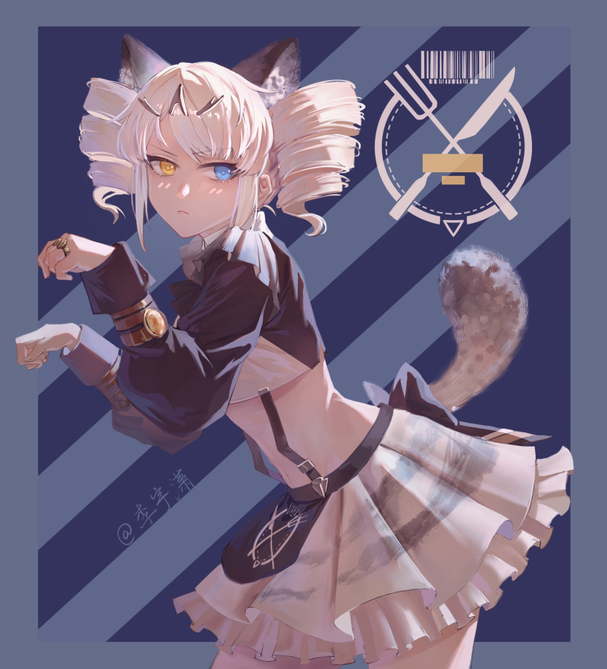 1girl animal_ears annoyed apron back_bow barcode black_apron black_bow blue_background blue_eyes blush_stickers bow bracelet chinese_commentary commentary cowboy_shot crop_top cutlery drill_hair frilled_skirt frills hair_ornament heterochromia highres jewelry karenina:_ember_(deed_of_snow_leopard)_(punishing:_gray_raven) karenina_(punishing:_gray_raven) layered_skirt leaning_forward leopard_ears leopard_girl leopard_tail light_frown lishijiu looking_at_viewer maid midriff neck_ribbon official_alternate_costume paw_pose procreate_(medium) punishing:_gray_raven ribbon ring signature skirt solo stomach suspender_skirt suspenders swept_bangs tail twin_drills unconventional_maid waist_apron white_hair white_skirt yellow_eyes