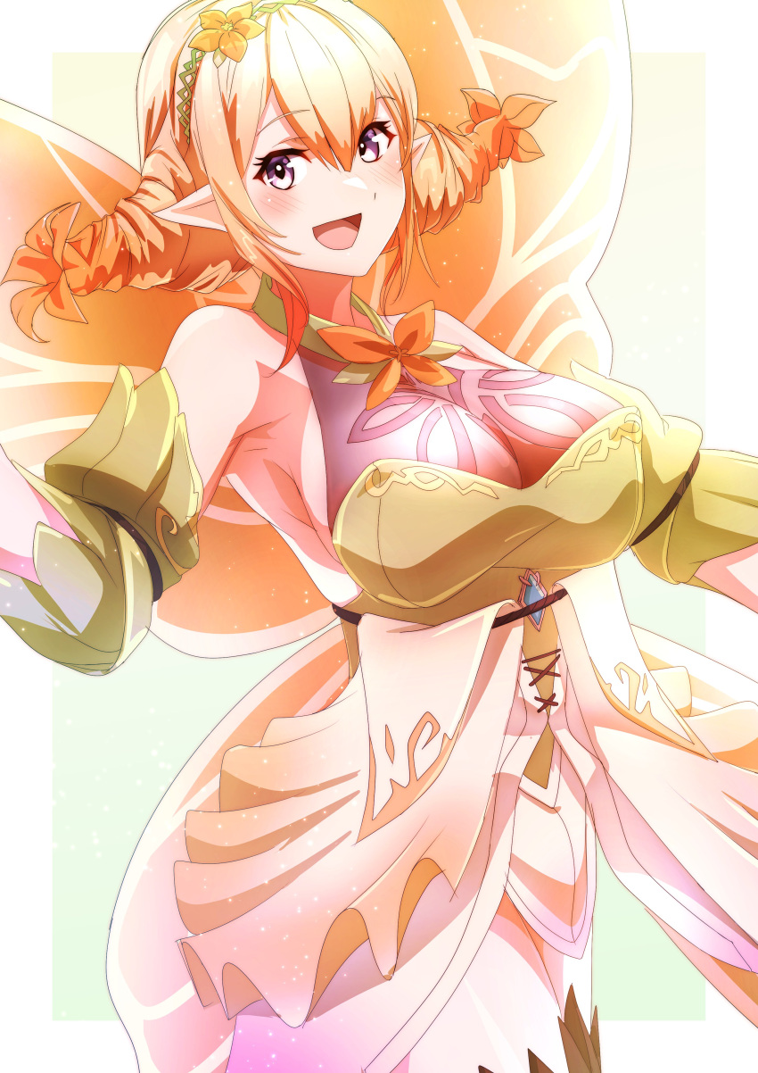 1girl absurdres blonde_hair breasts butterfly_wings drill_hair fairy fairy_wings fire_emblem fire_emblem_heroes flower hair_flower hair_ornament hair_vines hairband highres insect_wings large_breasts looking_at_viewer open_mouth peony_(fire_emblem) side_drill to_(tototo_tk) twin_drills wings