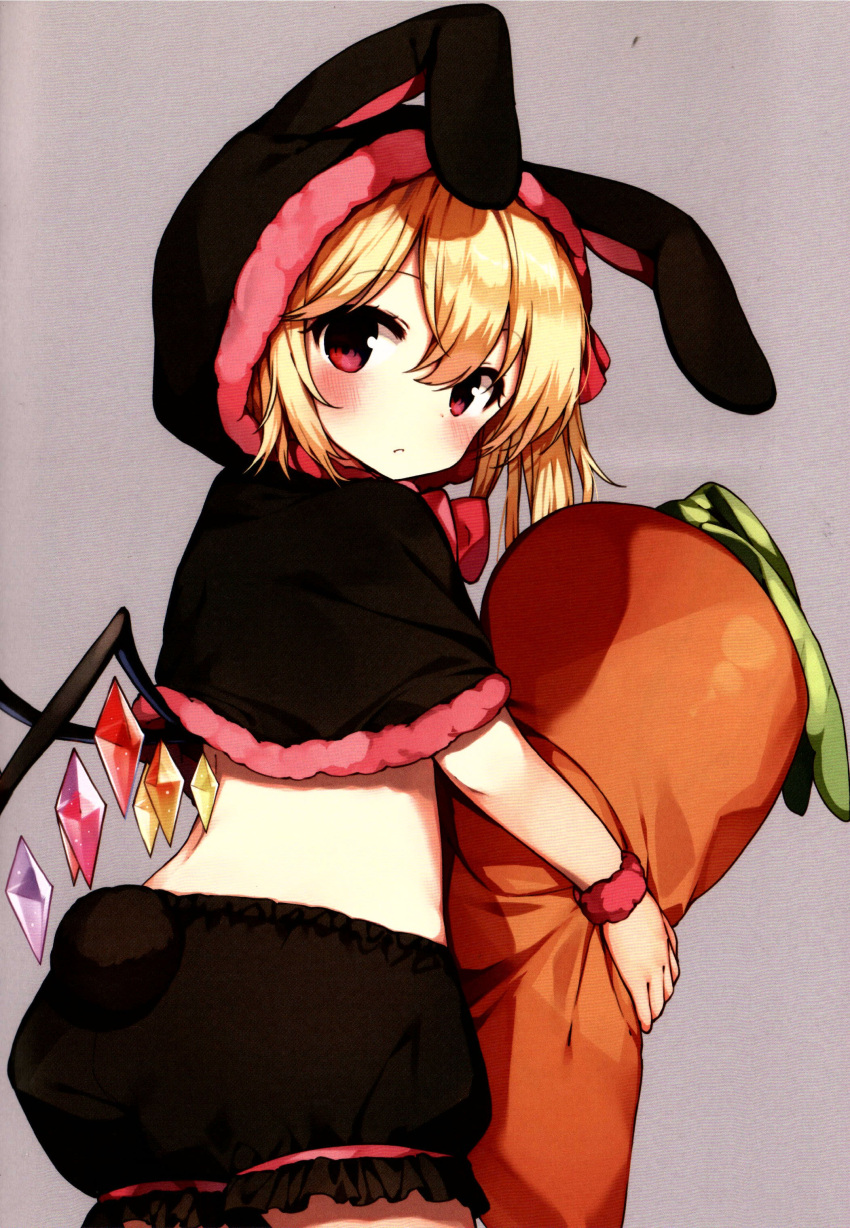 1girl absurdres alternate_costume animal_ears back black_capelet black_shorts blonde_hair blush bow bowtie capelet closed_mouth crystal fake_animal_ears fake_tail flandre_scarlet from_behind fur_trim grey_background hair_between_eyes hair_ribbon highres holding holding_stuffed_toy hood hooded_capelet looking_at_viewer looking_back multicolored_wings one_side_up pink_bow pink_bowtie pink_eyes rabbit_ears rabbit_tail red_ribbon ribbon shnva short_hair shorts simple_background solo standing stuffed_carrot stuffed_toy tail touhou wings wrist_cuffs