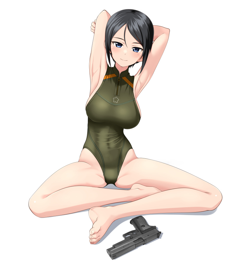 1girl absurdres armpits arms_behind_head barefoot black_eyes black_hair breasts chouno_ami commentary_request competition_swimsuit feet girls_und_panzer green_one-piece_swimsuit gun handgun highres indian_style looking_at_viewer medium_breasts one-piece_swimsuit presenting_armpit short_hair sig_p220/p226 sig_sauer simple_background sitting solo swept_bangs swimsuit takafumi toes turtleneck variant_set weapon white_background