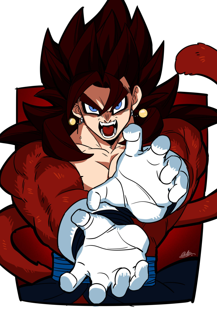 absurdres black_hair blue_eyes blue_sash body_fur dougi dragon_ball dragon_ball_heroes earrings gloves highres incoming_attack jewelry jiajiajiajiaa kamehameha_(dragon_ball) long_hair looking_at_viewer male_focus monkey_boy monkey_tail muscular muscular_male no_nipples open_mouth pectorals potara_earrings red_fur saiyan sash spiked_hair super_saiyan super_saiyan_4 tail time_patrol_(dragon_ball) vegetto vegetto_(xeno)