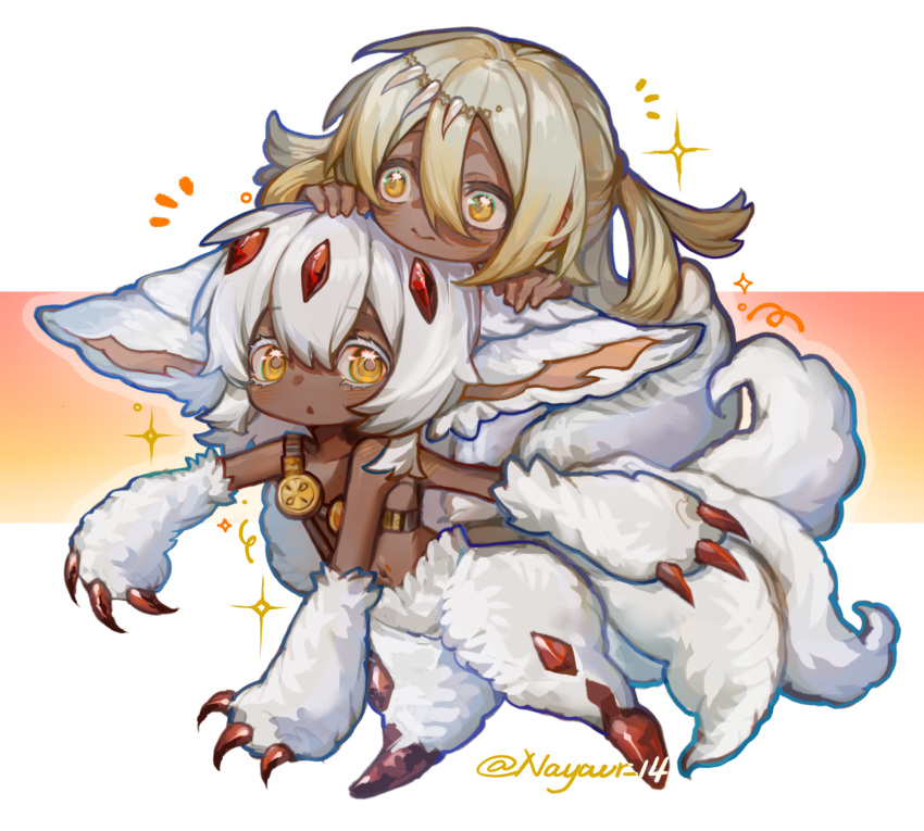 2girls animal_ears artist_name blonde_hair body_fur carrying claws collarbone colored_eyelashes dark-skinned_female dark_skin extra_arms faputa fewer_digits from_side full_body glint hair_between_eyes hair_rings highres horns irumyuui looking_to_the_side made_in_abyss monster_girl multiple_girls multiple_horns multiple_tails navel notice_lines open_mouth outline piggyback red_horns shixiaoqina short_hair shoulder_belt simple_background sparkle tail triangle_mouth two-tone_background walking white_background white_fur white_hair wide-eyed yellow_eyes