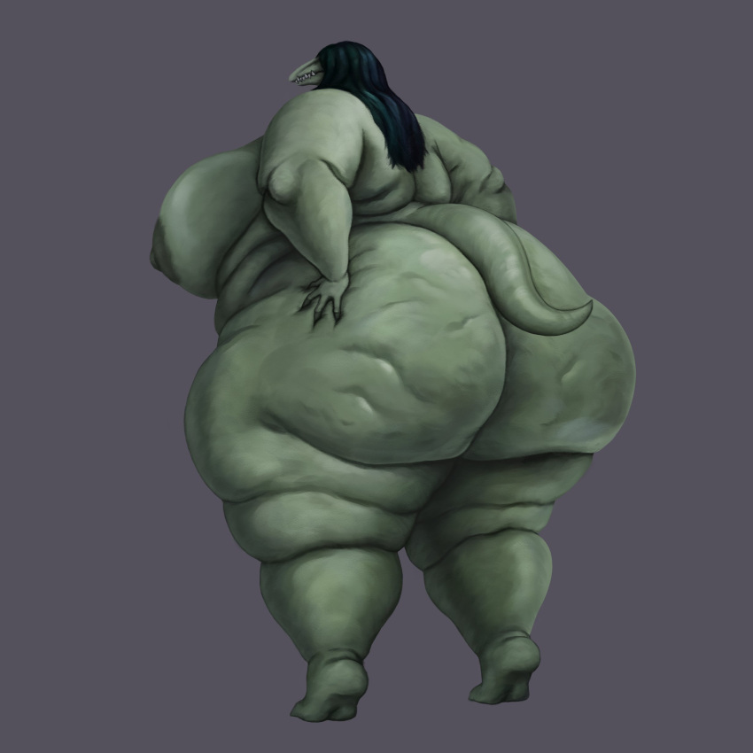 1:1 2023 2d_(artwork) absurd_res anthro areola back_fat big_breasts big_butt breasts butt butt_focus cellulite digital_media_(artwork) digital_painting_(artwork) fangs fat_arms fat_legs female green_areola green_body green_hair green_nipples hair hand_on_butt hi_res huge_breasts huge_butt huge_thighs nipples non-mammal_breasts nude obese overweight overweight_female rear_view reptile scalie scp-682 scp_foundation shaded sharp_teeth simple_background solo tail teeth thick_thighs vixencurie wide_hips