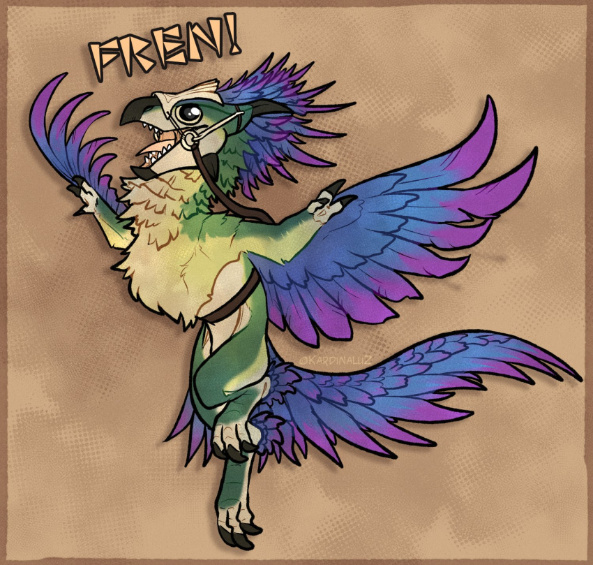ambiguous_gender blue_body blue_feathers feathers feral glistening glistening_eyes green_body hi_res kardinaluz open_mouth pink_tongue purple_body purple_feathers semi-anthro signature simple_background solo species_request tongue yellow_body yellow_eyes