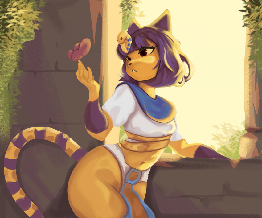 2023 animal_crossing ankha_(animal_crossing) anthro armwear arthropod black_nose blue_hair bob_cut bottomless brown_eyes butt butterfly clothed clothing day detailed_background digital_media_(artwork) domestic_cat egyptian eyelashes felid feline felis female fur hair headgear headwear hi_res insect lepidopteran mammal markings navel nintendo outside pantsless partially_clothed skyhellefzone solo striped_markings striped_tail stripes tail tail_markings topwear topwear_only uraeus yellow_body yellow_fur