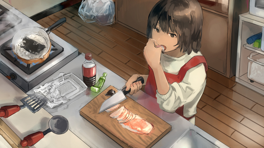 1girl 23el apron bottle brown_eyes brown_hair cutting_board eating fish_(food) food frying_pan highres holding holding_food holding_knife indoors kitchen kitchen_knife knife original red_apron short_hair sliced_meat solo spatula steam stove sweater white_sweater wooden_floor