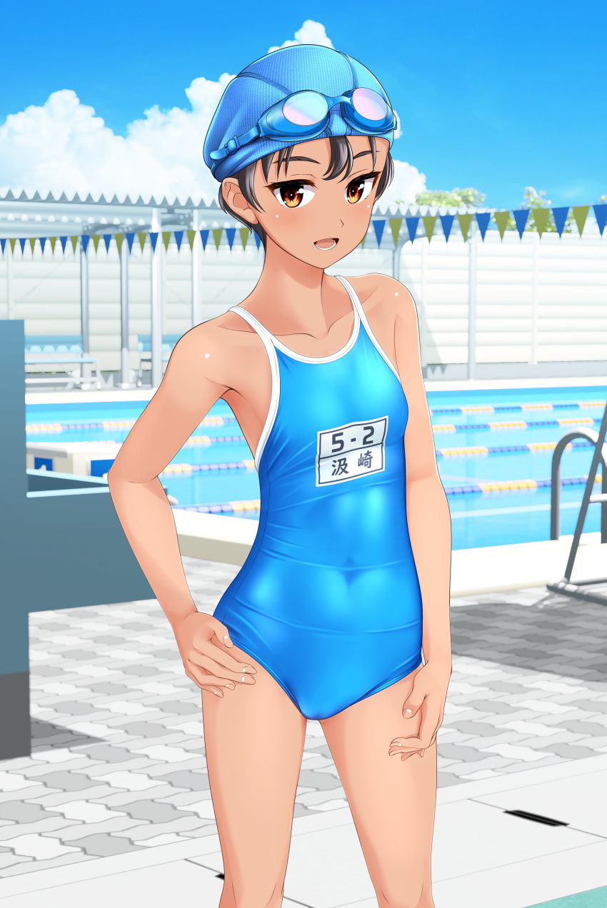 1girl absurdres aqua_one-piece_swimsuit black_hair blue_headwear blue_sky brown_eyes cloud commentary_request competition_school_swimsuit covered_navel day feet_out_of_frame goggles goggles_on_head hand_on_own_hip highres lane_line name_tag one-piece_swimsuit original outdoors pool pool_ladder school_swimsuit short_hair sky solo standing starting_block string_of_flags swim_cap swimsuit takafumi tan tomboy variant_set