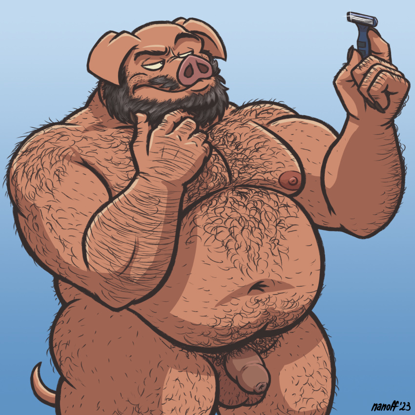 anthro balls beard body_hair chubby_male domestic_pig facial_hair flaccid foreskin genitals hairy hi_res holding_object joe_(nanoff) male mammal mature_male musclegut muscular muscular_male nanoff nude penis razor solo stroking_beard suid suina sus_(pig) tools