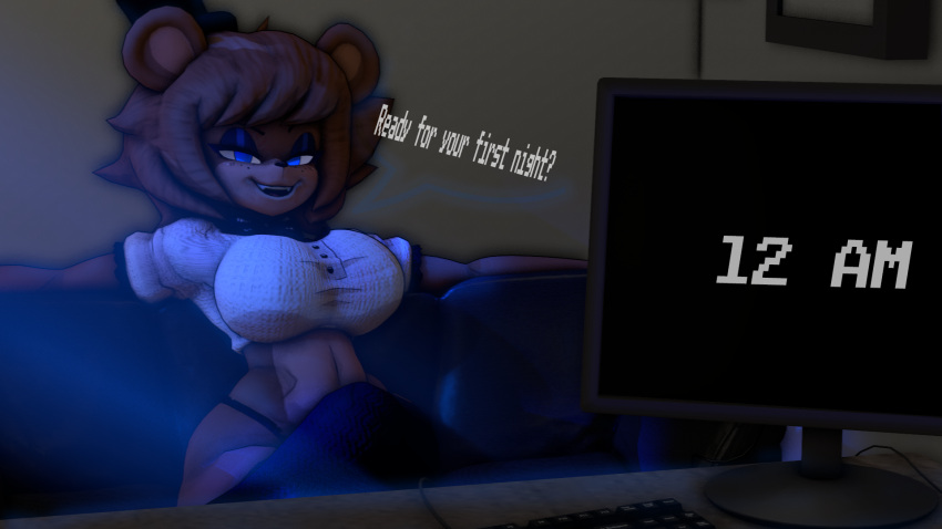 animatronic anthro bear bedroom_eyes big_breasts blue_eyes breasts brown_body cally3d_models clock clothed clothing computer crossed_legs desk dialogue digital_clock electronics female five_nights_at_freddy's fredina's_nightclub fredina_(cally3d) furniture hat headgear headwear hi_res inside keyboard leafytheleafer machine mammal narrowed_eyes night partially_clothed robot scottgames screen seductive smile sofa solo speech_bubble table text thick_thighs time