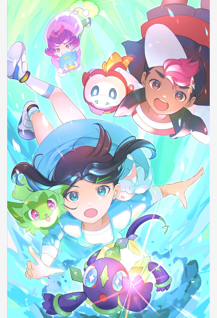 1boy 2girls :o black_hair commentary_request dark-skinned_male dark_skin dot_(pokemon) fuecoco green_pants hair_ornament hairclip highres liko_(pokemon) multiple_girls open_mouth pants pokemon pokemon_(anime) pokemon_(creature) pokemon_horizons purple_eyes purple_hair quaxly roy_(pokemon) shirt shoes shorts slippers socks sprigatito teeth terapagos tonbo_(tonbo63194) vest white_shirt white_socks