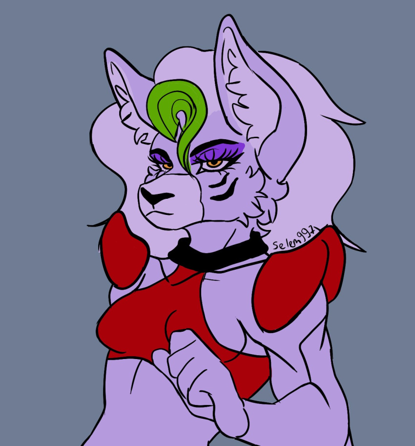 animatronic anthro big_breasts breasts canid canine canis choker clothed clothing digital_drawing_(artwork) digital_media_(artwork) female five_nights_at_freddy's five_nights_at_freddy's:_security_breach fur hair hi_res jewelry long_hair looking_at_viewer machine makeup mammal necklace red_clothing robot roxanne_wolf_(fnaf) scottgames selem997 simple_background smile solo steel_wool_studios topwear wolf