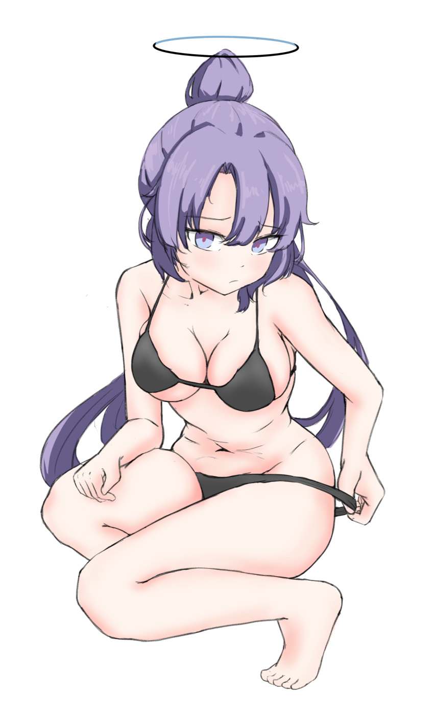 1girl absurdres bare_legs bare_shoulders barefoot bikini black_bikini blue_archive blush breasts cleavage closed_mouth darauk11 full_body hair_between_eyes highres korean_commentary long_hair looking_at_viewer medium_breasts navel purple_eyes purple_hair simple_background solo swimsuit thick_thighs thighs very_long_hair white_background yuuka_(blue_archive)