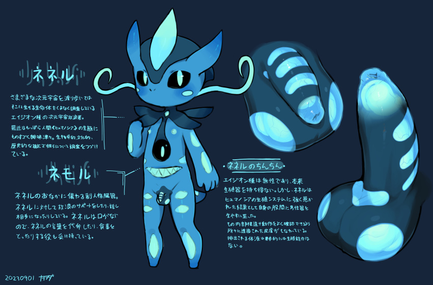 absurd_res alien alien_humanoid ambiguous_gender balls blue_body blue_skin foreskin genitals hi_res humanoid japanese_text model_sheet nawoshida nemol_(nawoshida) nenel_(nawoshida) nipples penis small_penis solo stomach_eye stomach_face stomach_mouth tagme tail text translation_request translucent translucent_penis