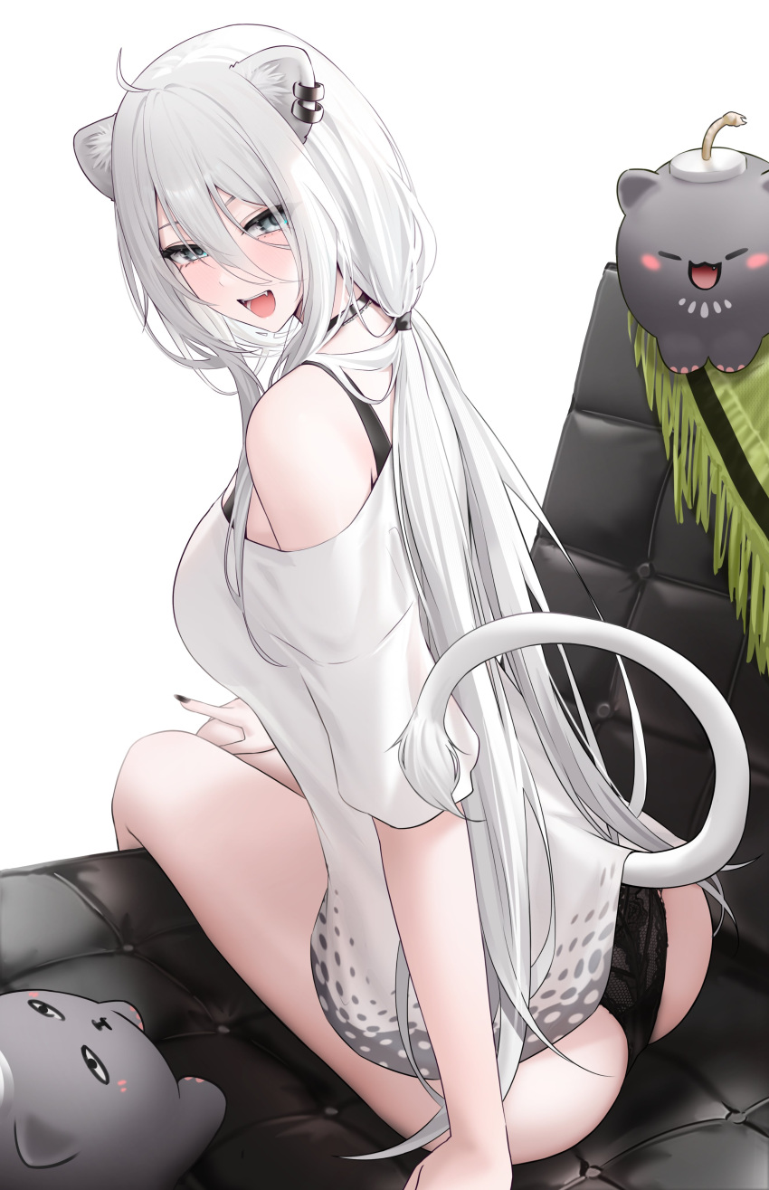 1girl absurdres ahoge animal_ear_piercing animal_ears ass black_choker black_nails black_panties blush bra_strap breasts choker ear_piercing from_behind grey_eyes grey_hair hair_between_eyes highres hololive large_breasts lion_ears lion_girl lion_tail long_hair looking_at_viewer looking_back loose_clothes loose_shirt official_alternate_costume official_alternate_hairstyle open_mouth panties piercing shirt shishiro_botan shishiro_botan_(4th_costume) single_bare_shoulder sitting smile solo ssrb_(shishiro_botan) t-shirt tail underwear virtual_youtuber wanne white_shirt