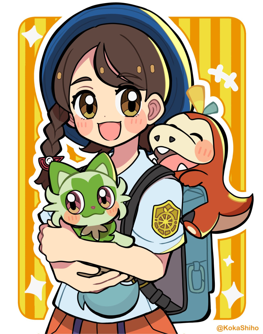 1girl :3 backpack bag blue_bag blue_headwear border brown_eyes brown_hair cat closed_eyes colored_skin commentary_request fuecoco green_fur highres holding holding_pokemon kokashiho medium_hair naranja_academy_school_uniform orange_shorts pokemon pokemon_(creature) pokemon_sv red_skin school_uniform shirt shorts sparkle sprigatito upper_body white_border white_shirt yellow_background